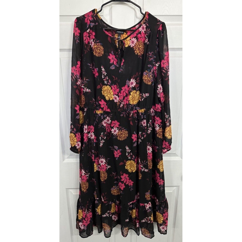 Torrid Size 3 22/24 Black Pink Yellow Floral Sheer Dress with Slip Dress Beneath